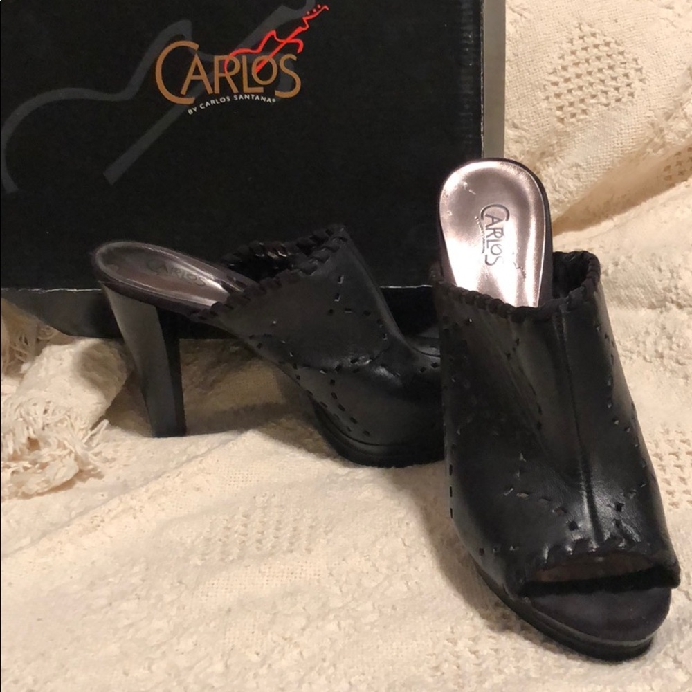 Black Leather Carlos Santana Open Toe Mule
